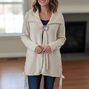 Pure Handknit Cream 100% Cotton Cardigan Lace Up Sides Oversized Button Boho